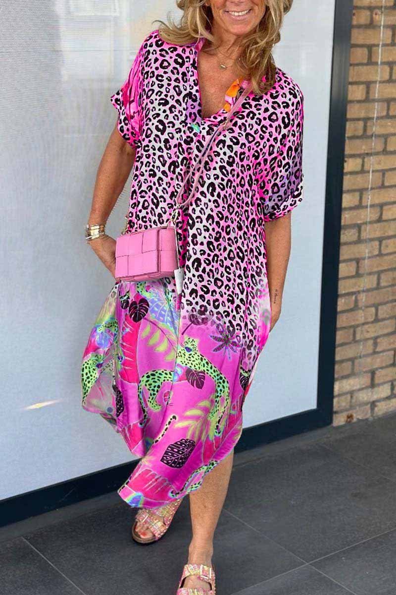 Women's Summer Midi Dress with Leopard Print and Tropical Motifs – Playful Beach Dress for Warm Days