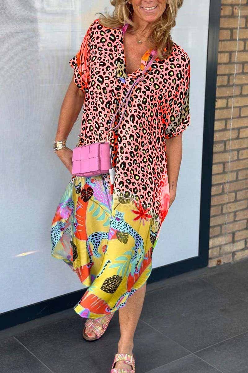 Women's Summer Midi Dress with Leopard Print and Tropical Motifs – Playful Beach Dress for Warm Days