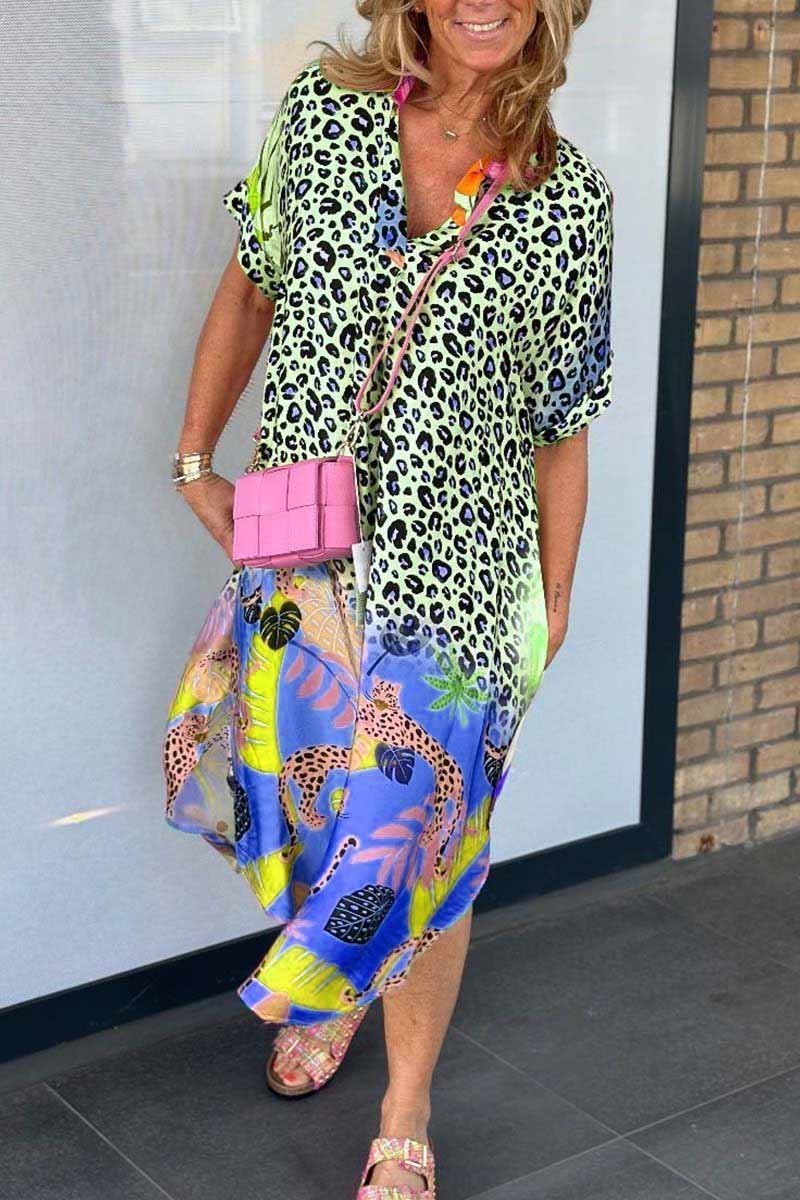 Women's Summer Midi Dress with Leopard Print and Tropical Motifs – Playful Beach Dress for Warm Days