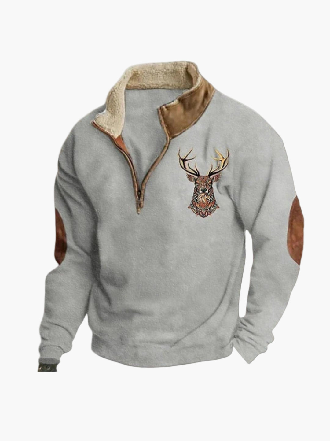 Men's Fleece Sweater with Quarter Zip and Deer Design – Warm Casual Outdoor Sweater