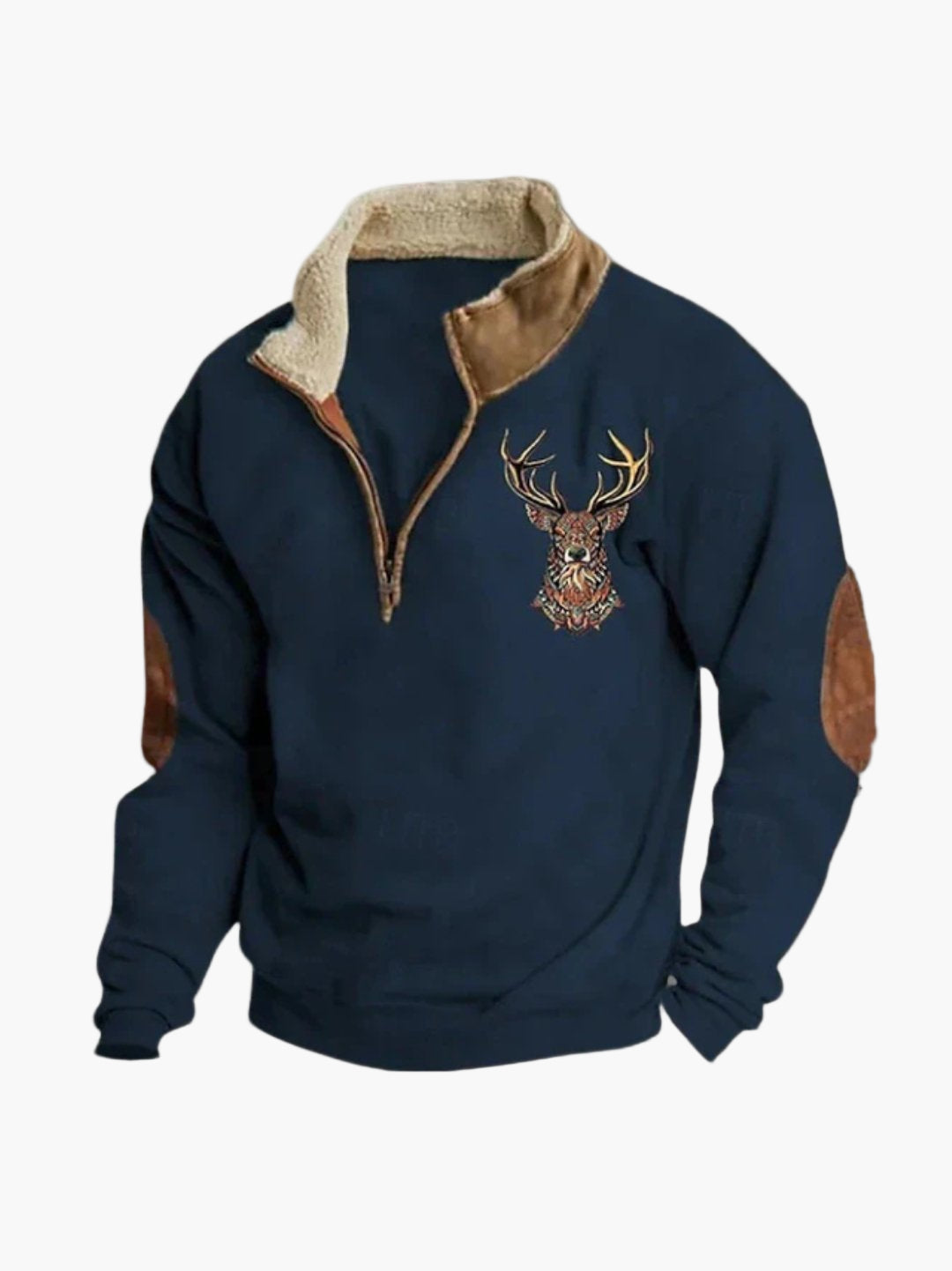 Men's Fleece Sweater with Quarter Zip and Deer Design – Warm Casual Outdoor Sweater