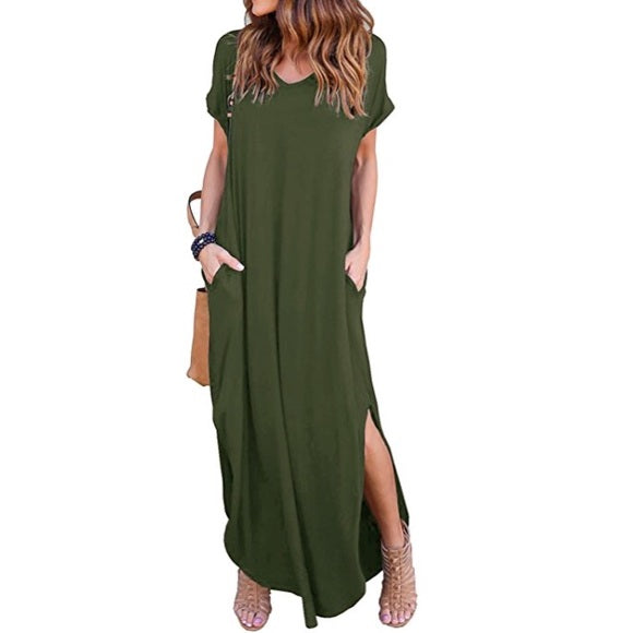 Women's Loose Maxi Dress with V-Neck – Casual Long Summer Dress with Short Sleeves