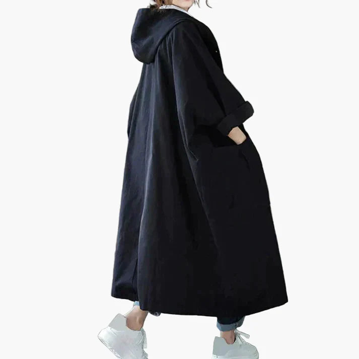 Women's Oversized Windproof Trench Coat with Hood and Large Pockets – Fashionable Long Jacket for Outdoor & Casual