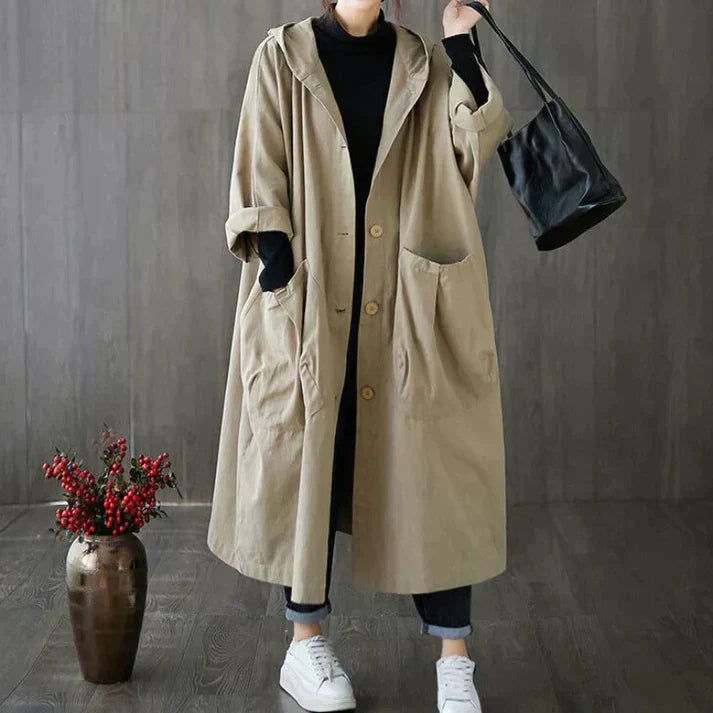 Women's Oversized Windproof Trench Coat with Hood and Large Pockets – Fashionable Long Jacket for Outdoor & Casual