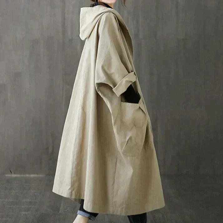 Women's Oversized Windproof Trench Coat with Hood and Large Pockets – Fashionable Long Jacket for Outdoor & Casual