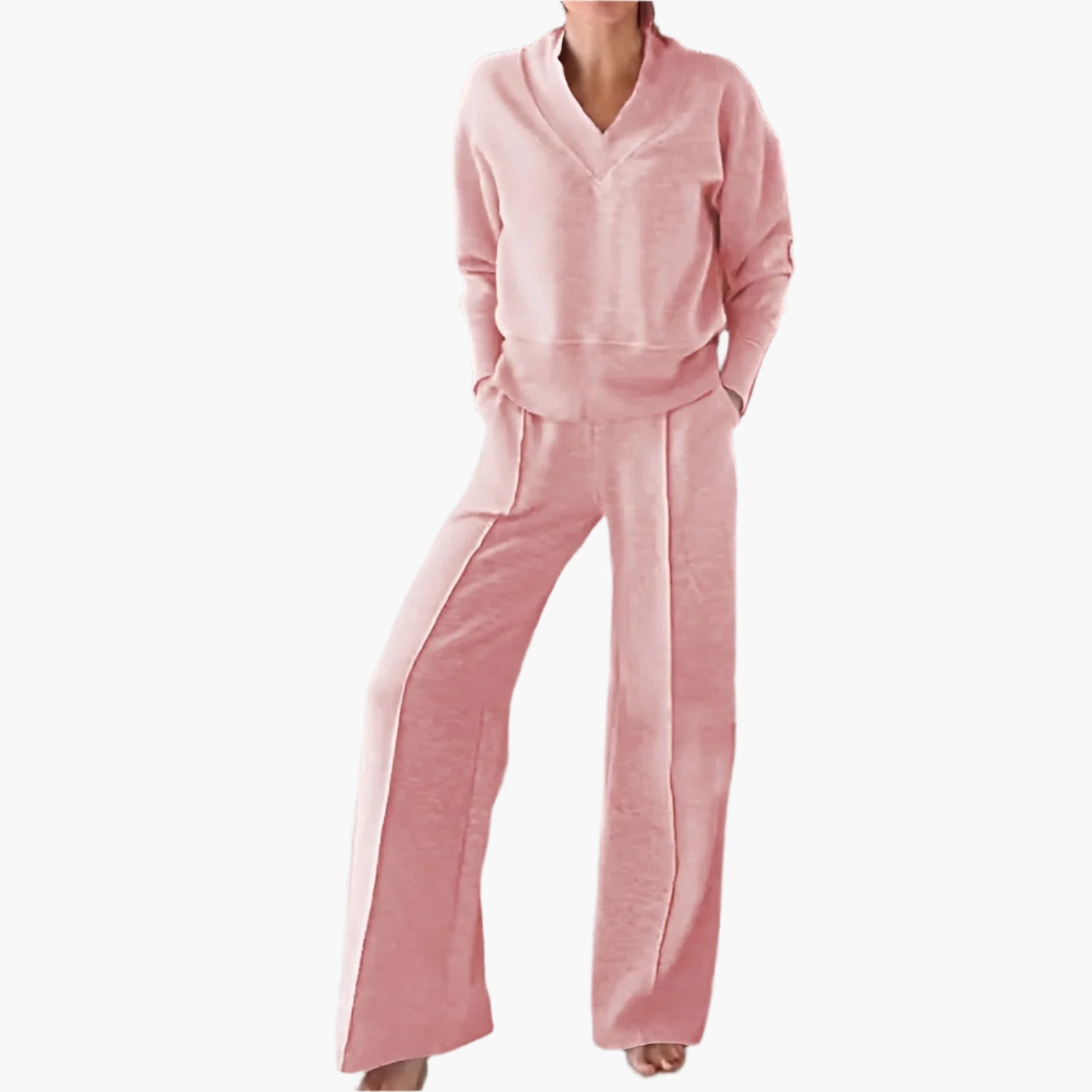 Women's Loungewear Set – Elegant 2-Piece Lounge and Sports Outfit with V-neck and Wide Pants