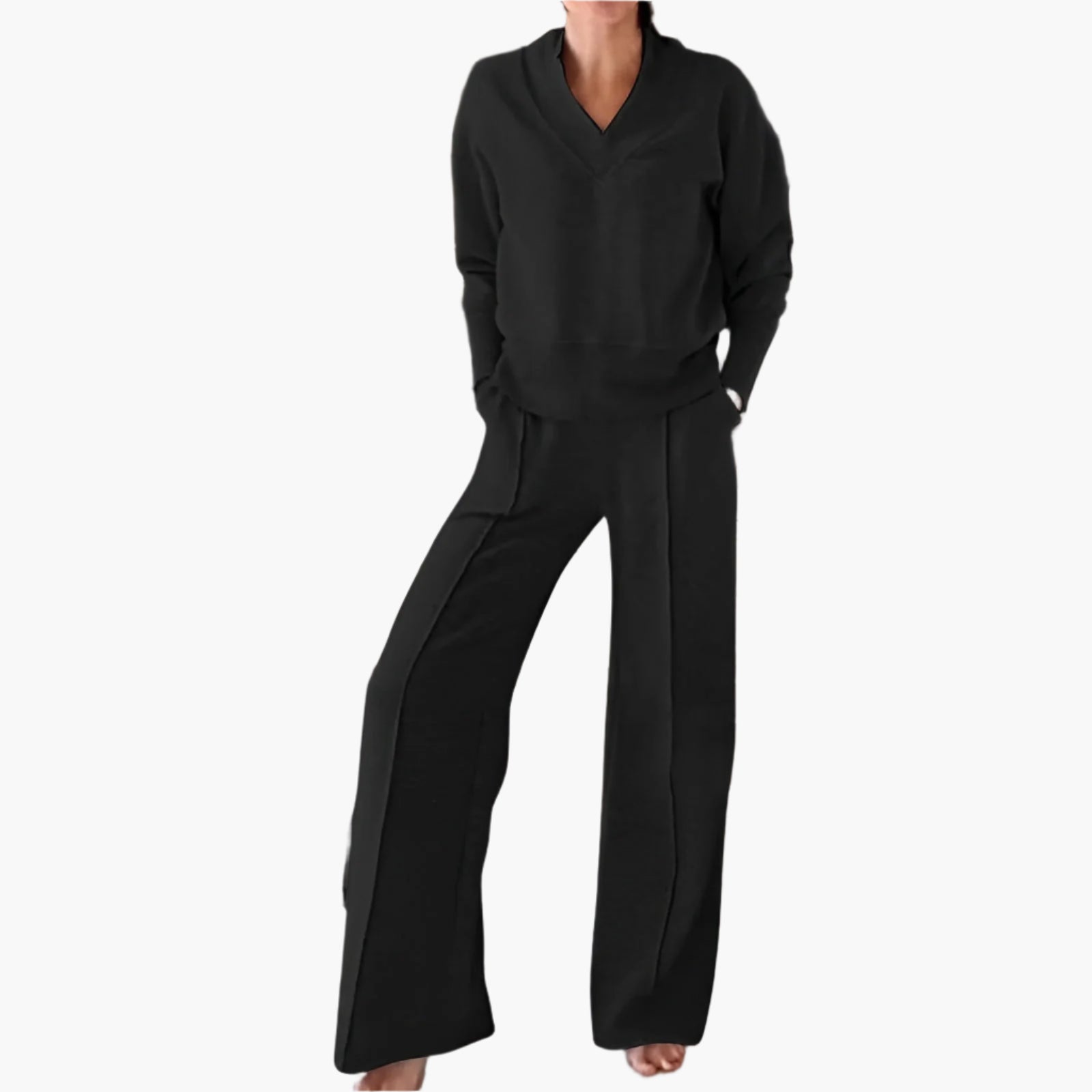 Women's Loungewear Set – Elegant 2-Piece Lounge and Sports Outfit with V-neck and Wide Pants