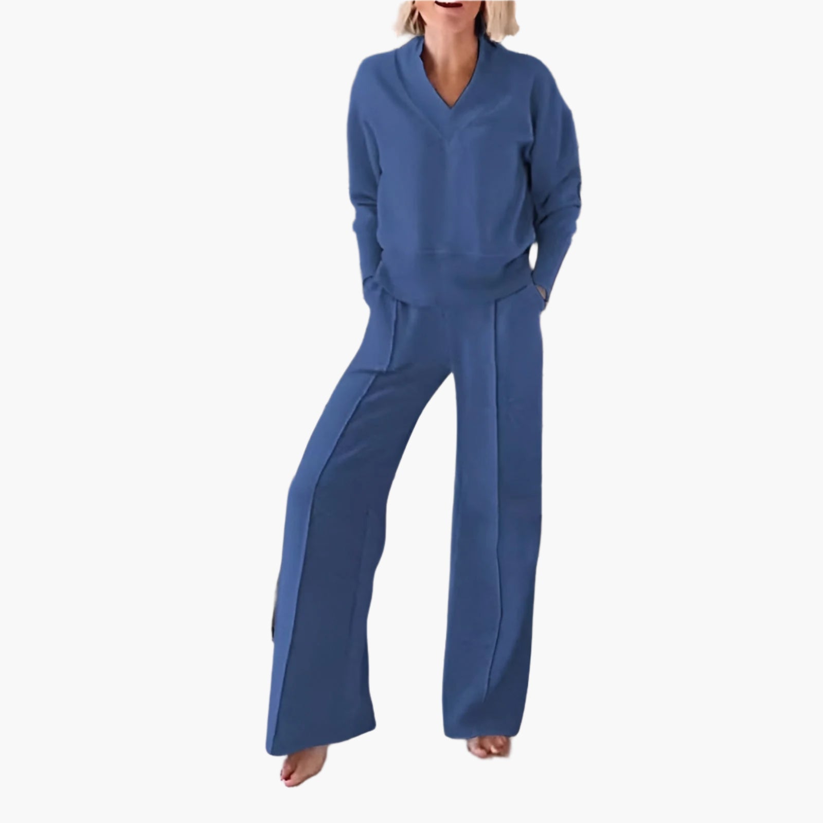 Women's Loungewear Set – Elegant 2-Piece Lounge and Sports Outfit with V-neck and Wide Pants