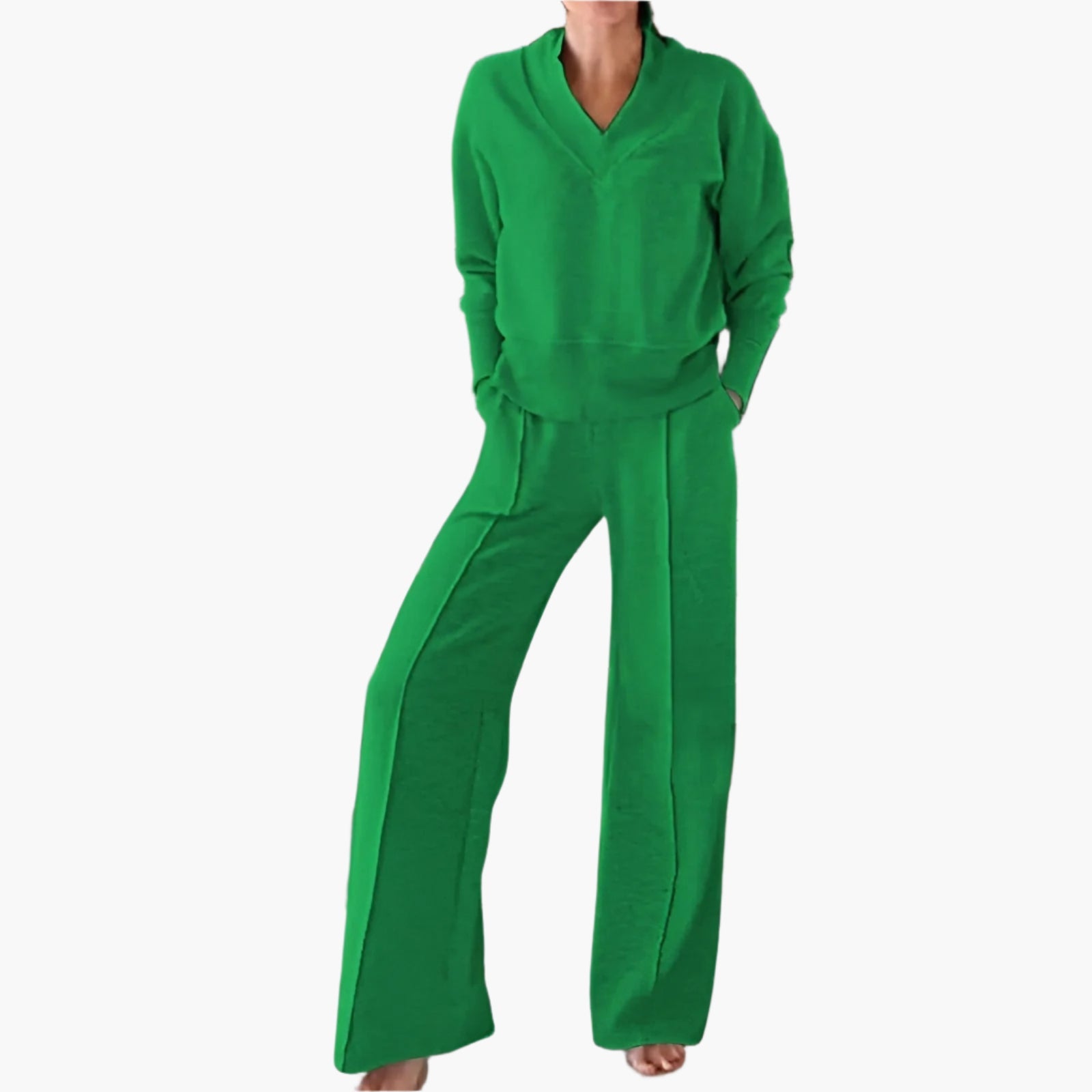 Women's Loungewear Set – Elegant 2-Piece Lounge and Sports Outfit with V-neck and Wide Pants