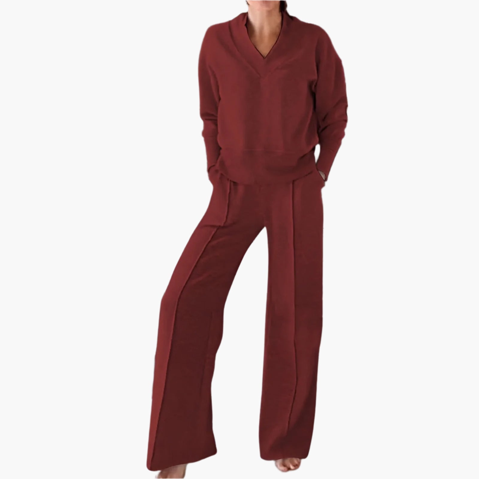 Women's Loungewear Set – Elegant 2-Piece Lounge and Sports Outfit with V-neck and Wide Pants