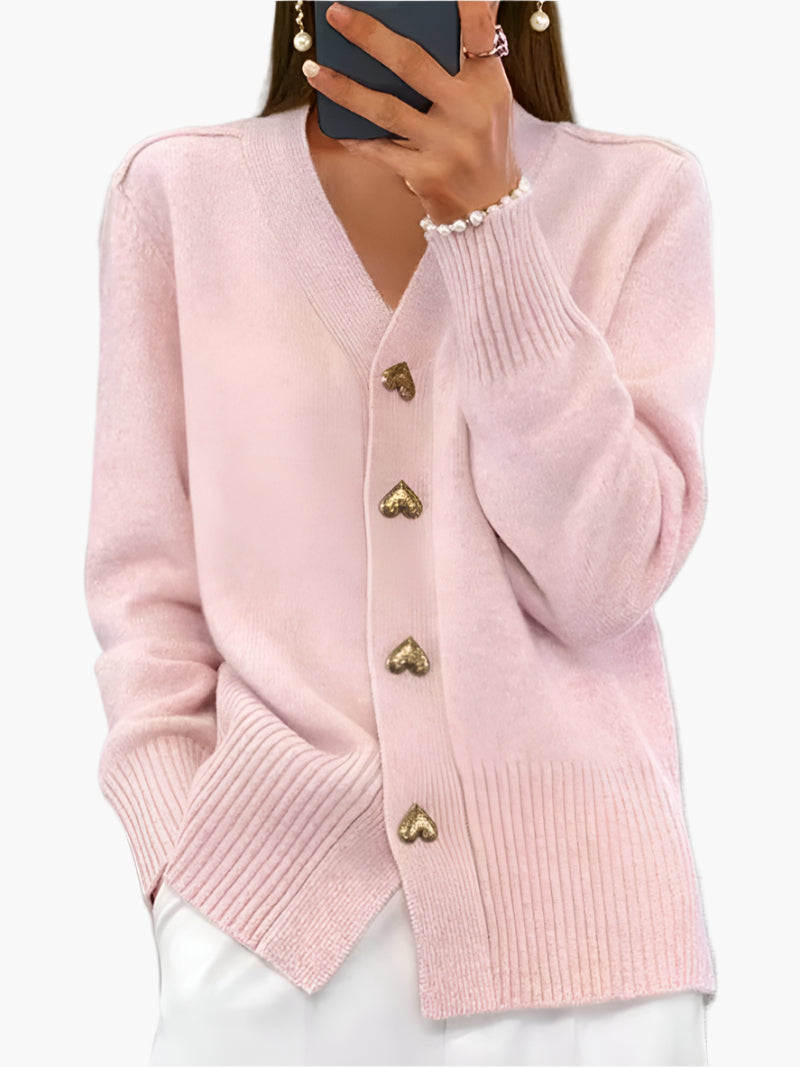 Women's V-neck Knitted Cardigan with Heart-shaped Buttons – Stylish Casual Cardigan for Winter & Autumn