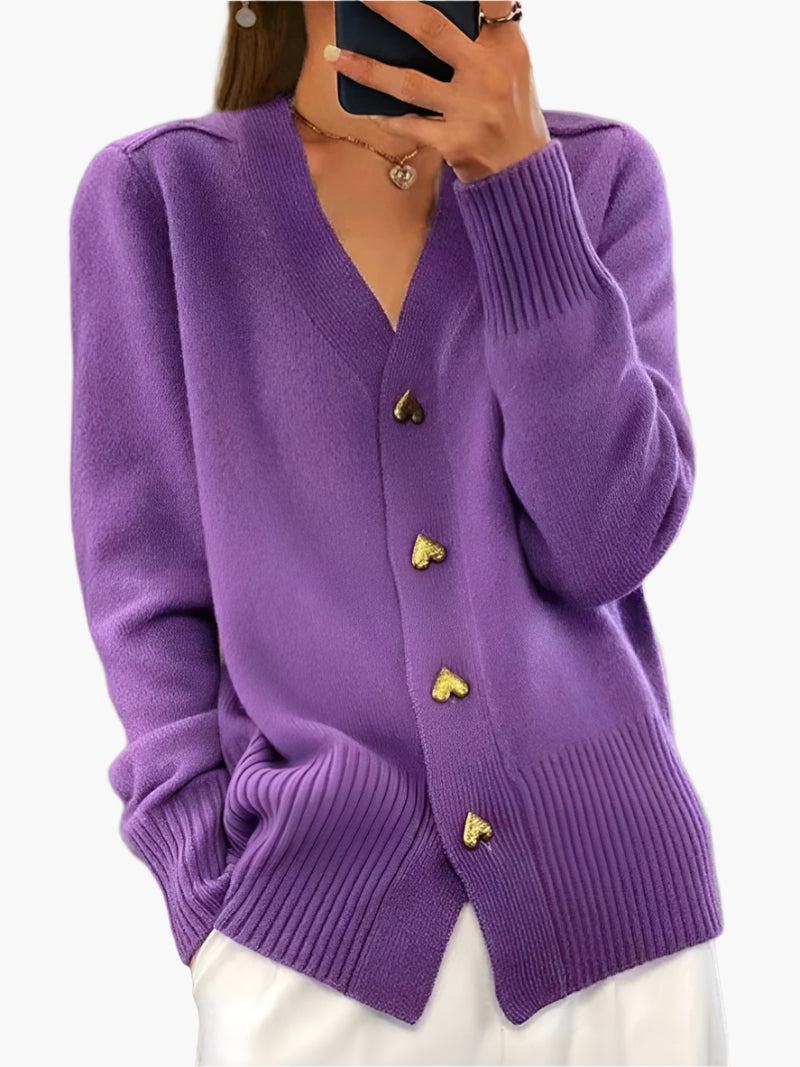 Women's V-neck Knitted Cardigan with Heart-shaped Buttons – Stylish Casual Cardigan for Winter & Autumn