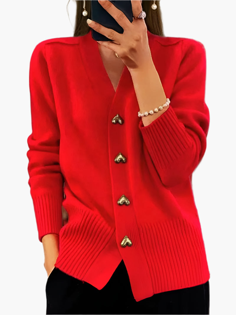 Women's V-neck Knitted Cardigan with Heart-shaped Buttons – Stylish Casual Cardigan for Winter & Autumn