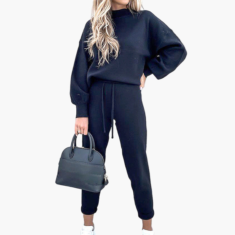 Women's Lounge Suit Two-Piece Set with Turtleneck and High Waist Pants – Comfortable Loungewear Style