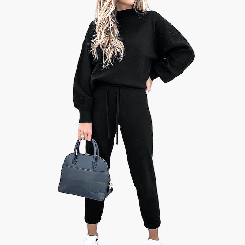 Women's Lounge Suit Two-Piece Set with Turtleneck and High Waist Pants – Comfortable Loungewear Style