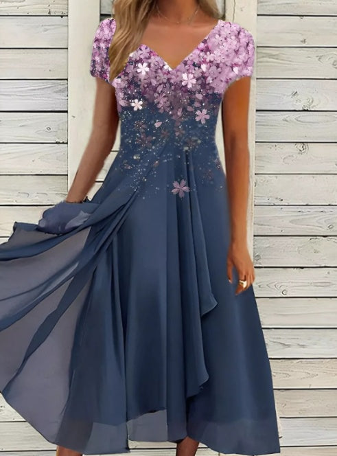 Ladies Elegant Evening Dress with Flower Detail and V-Neck