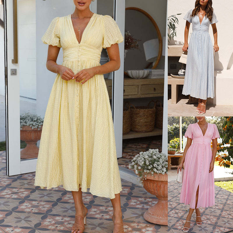 Women's Summer Midi Dress with Button Closure and Puff Sleeves – Elegant Casual Look