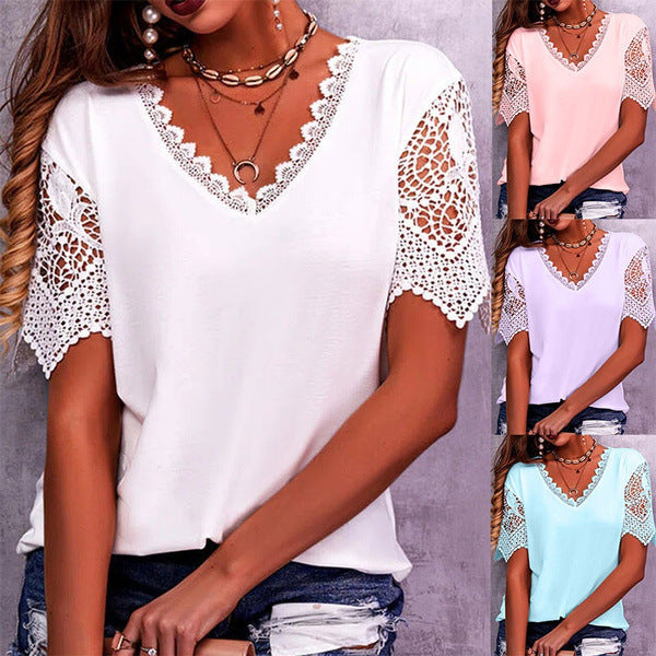Women's Top with Lace Details – Elegant Summer Blouse with V-Neck