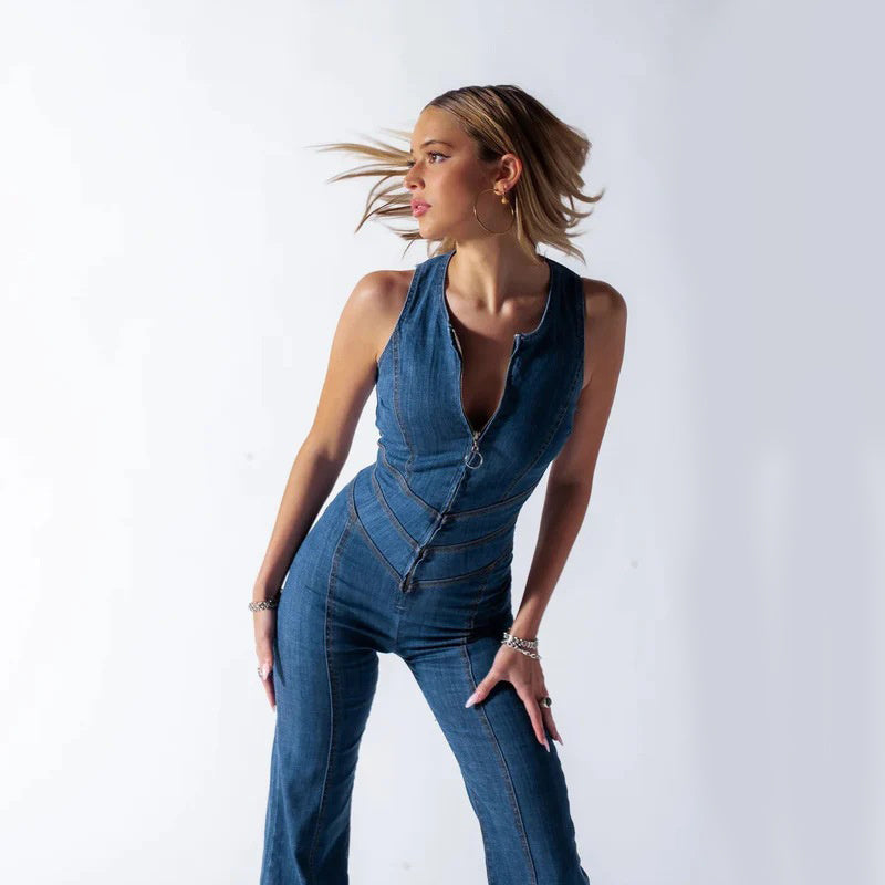Carly – Retro Halter Neck Denim Jumpsuit with High Waist