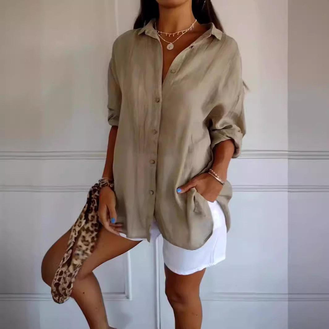 Women's blouse with long sleeves – loose-fitting button-down tunic top for daily use