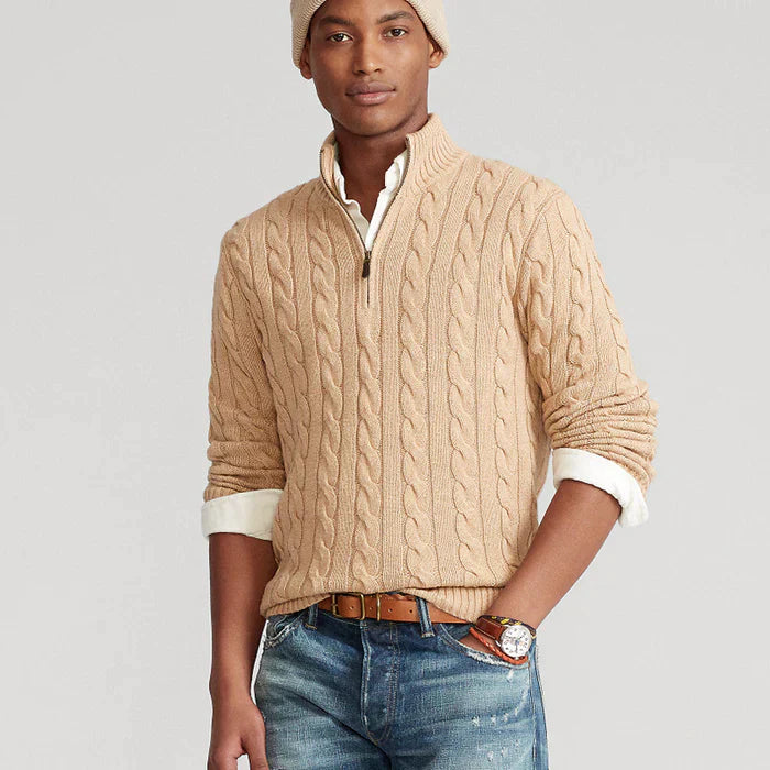 Men's Knitted Sweater with Zipper – Classic Cable Sweater for Style and Comfort