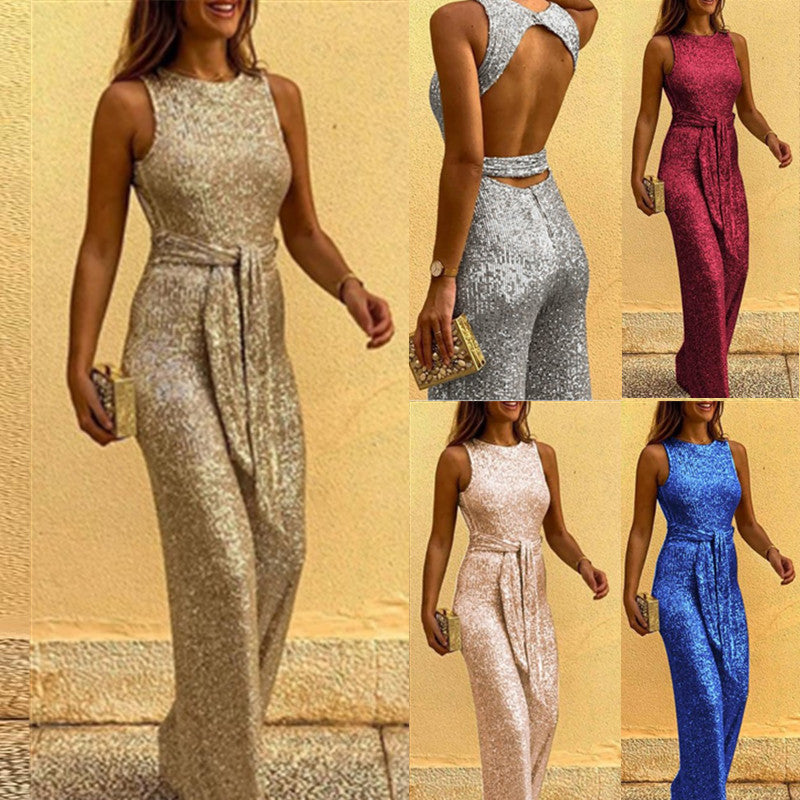 Robyn – Chic Women's Sleeveless Glitter Jumpsuit with Open Back and Bow at the Waist – Summer Style