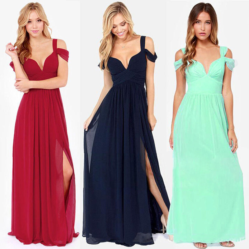 Ladies Chic Evening Dress with Shoulder Straps and Split