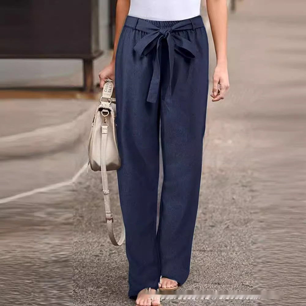 Women's Loose-Fitting Pants with Tie Closure – Comfortable Casual Trousers with High Waist