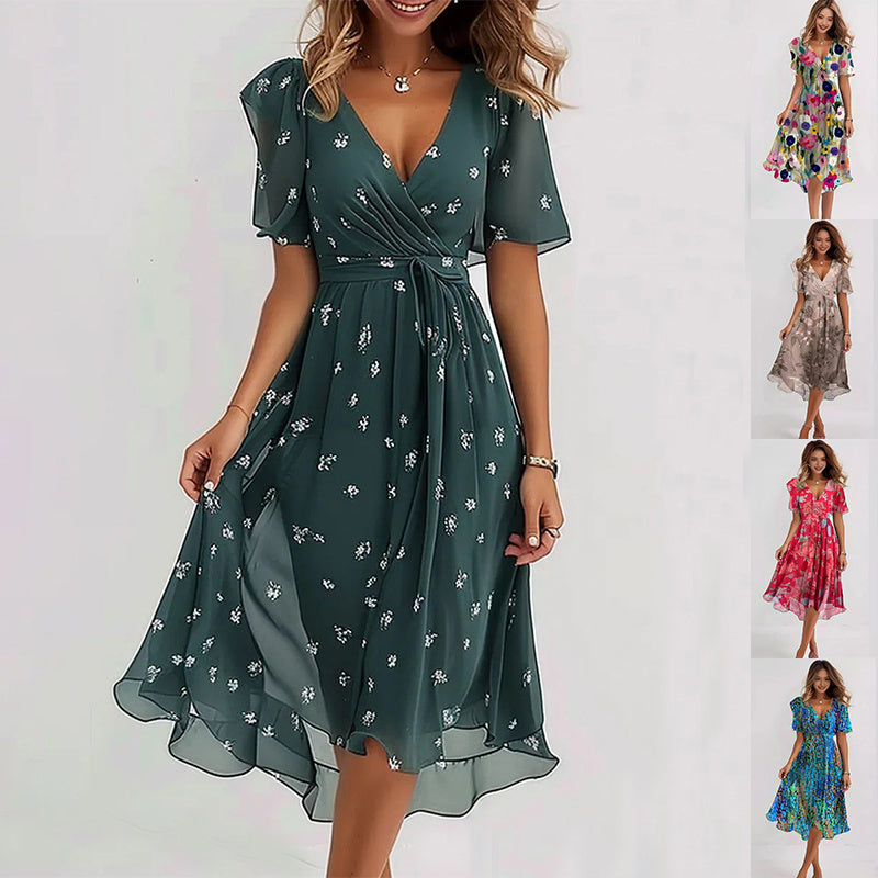 Women's wrap dress with floral pattern and elegant chiffon look