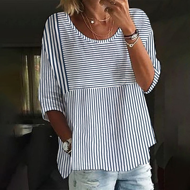 Women's Striped Casual Tunic – Loose-Fitting Top with Round Neck