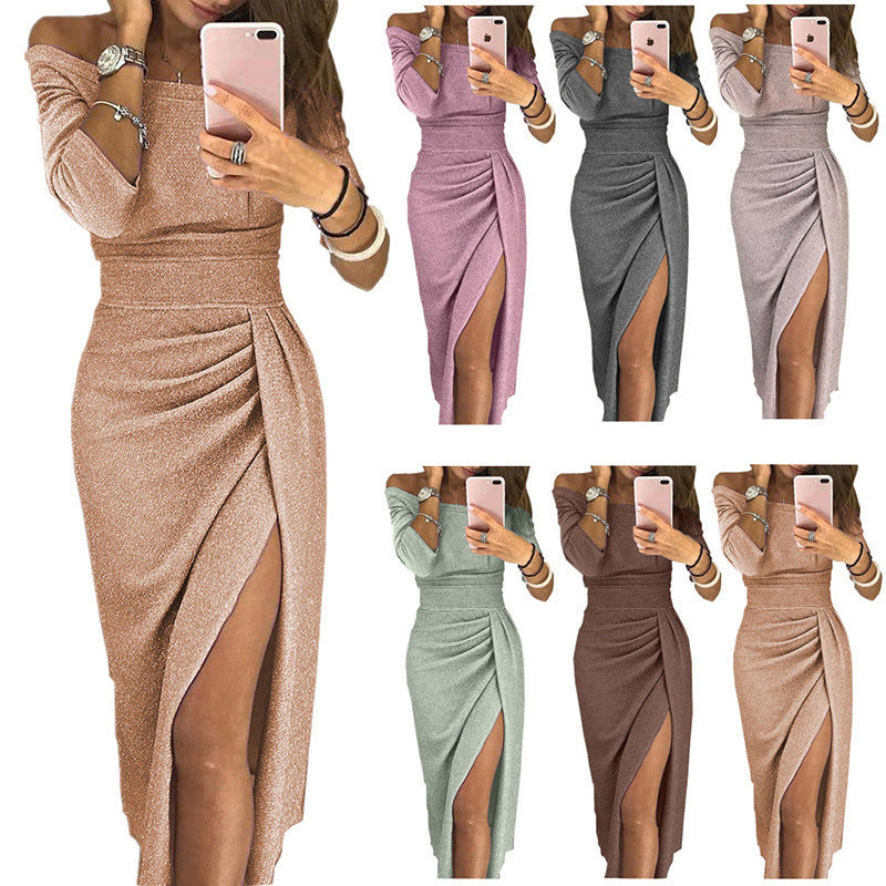 Julia – Stylish women's off-shoulder glitter dress with long sleeves for summer