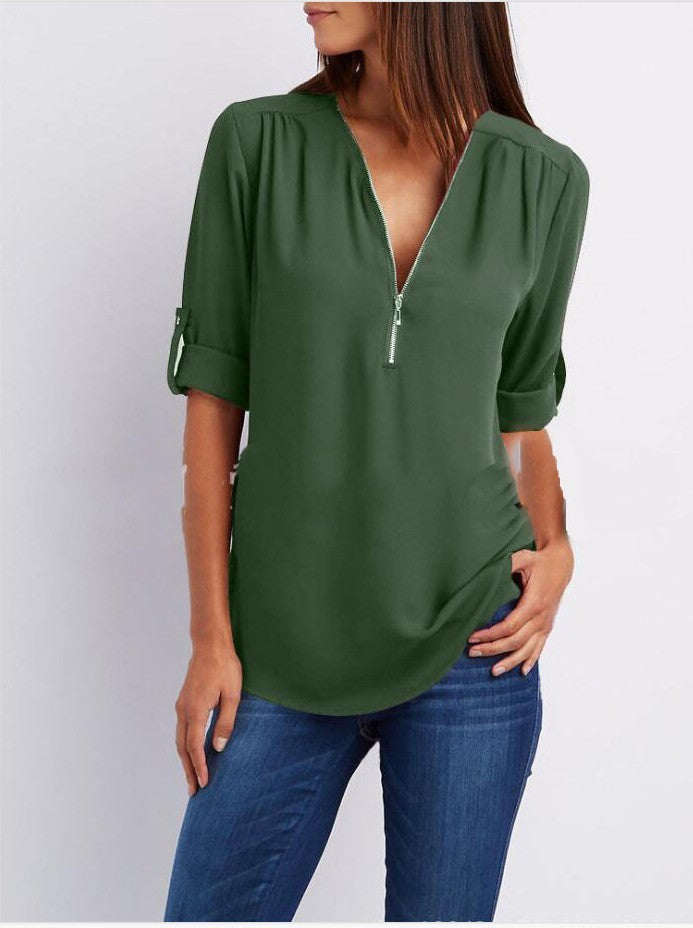 Denise – Zip V-neck Shirt Short Sleeve