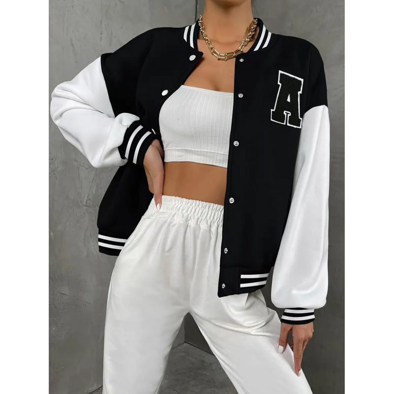 Women's Varsity Bomber Jacket with Letter Print – Sporty College Style for Casual Outfits