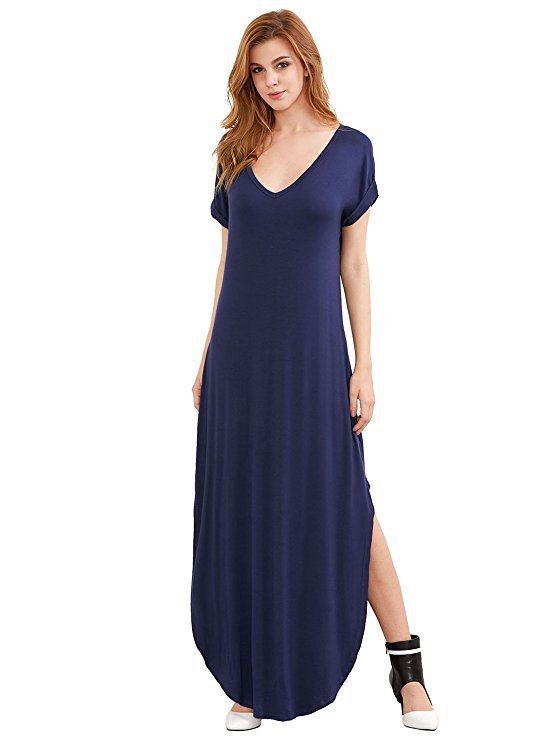 Women's Loose Maxi Dress with V-Neck – Casual Long Summer Dress with Short Sleeves