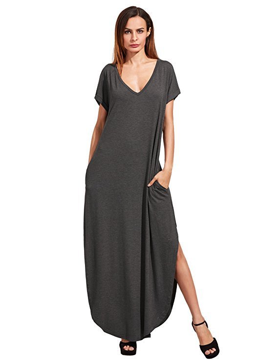 Women's Loose Maxi Dress with V-Neck – Casual Long Summer Dress with Short Sleeves