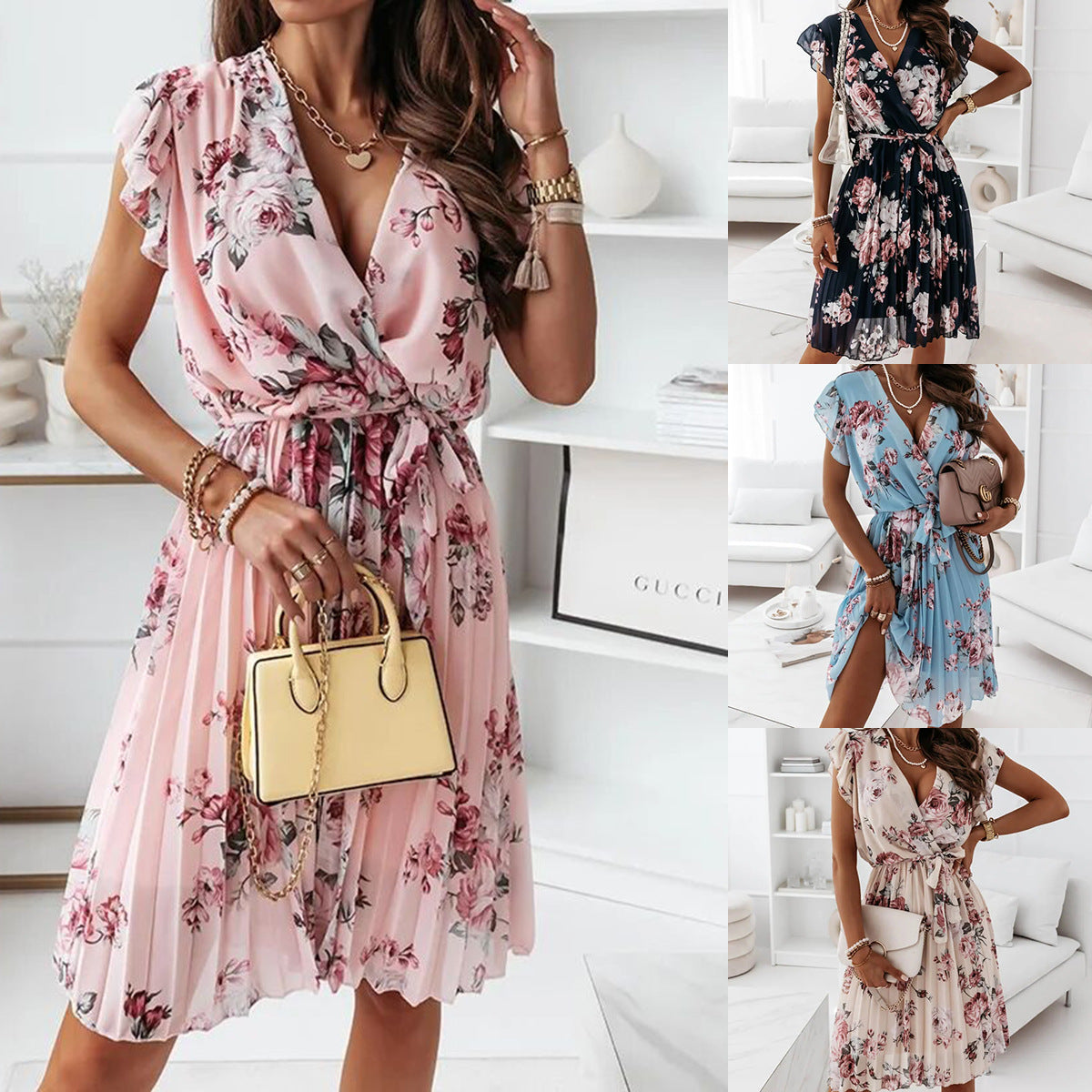 Stephanie – Floral Pleated Dress with Waist