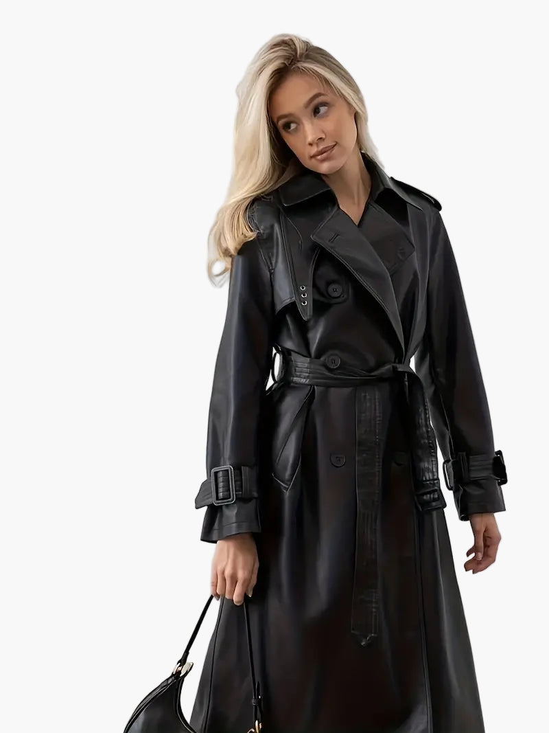 Women's Long Trench Coat – Fashionable Leather Jacket with Belt and Double Closure