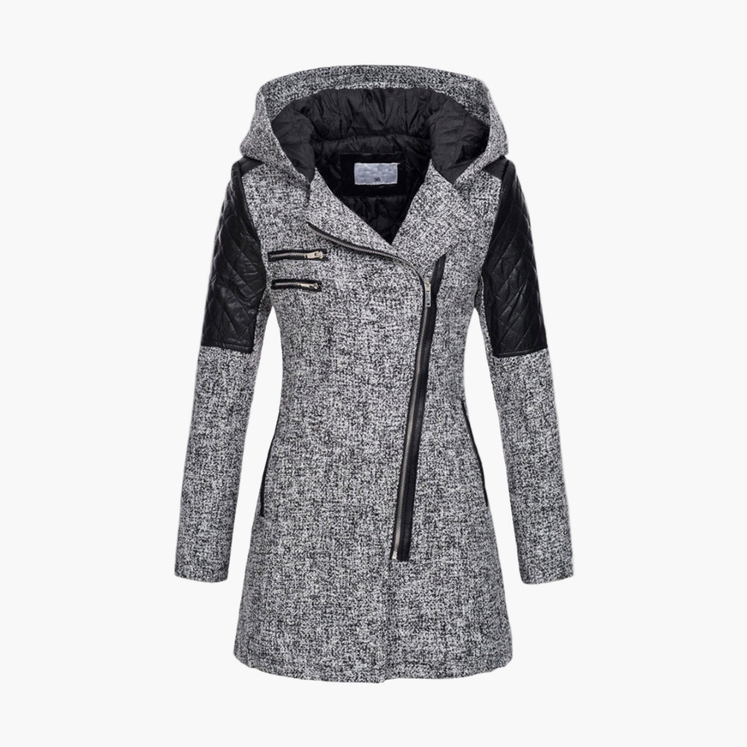 Women's Long Coat with Hood and Tweed Style – Fashionable Winter Coat with Zipper and Leather Accents