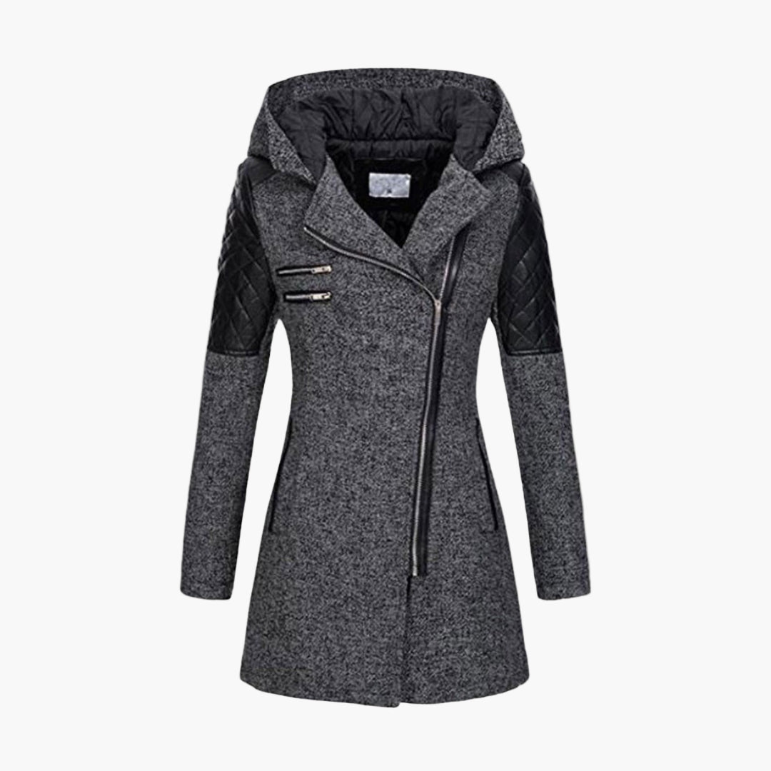 Women's Long Coat with Hood and Tweed Style – Fashionable Winter Coat with Zipper and Leather Accents