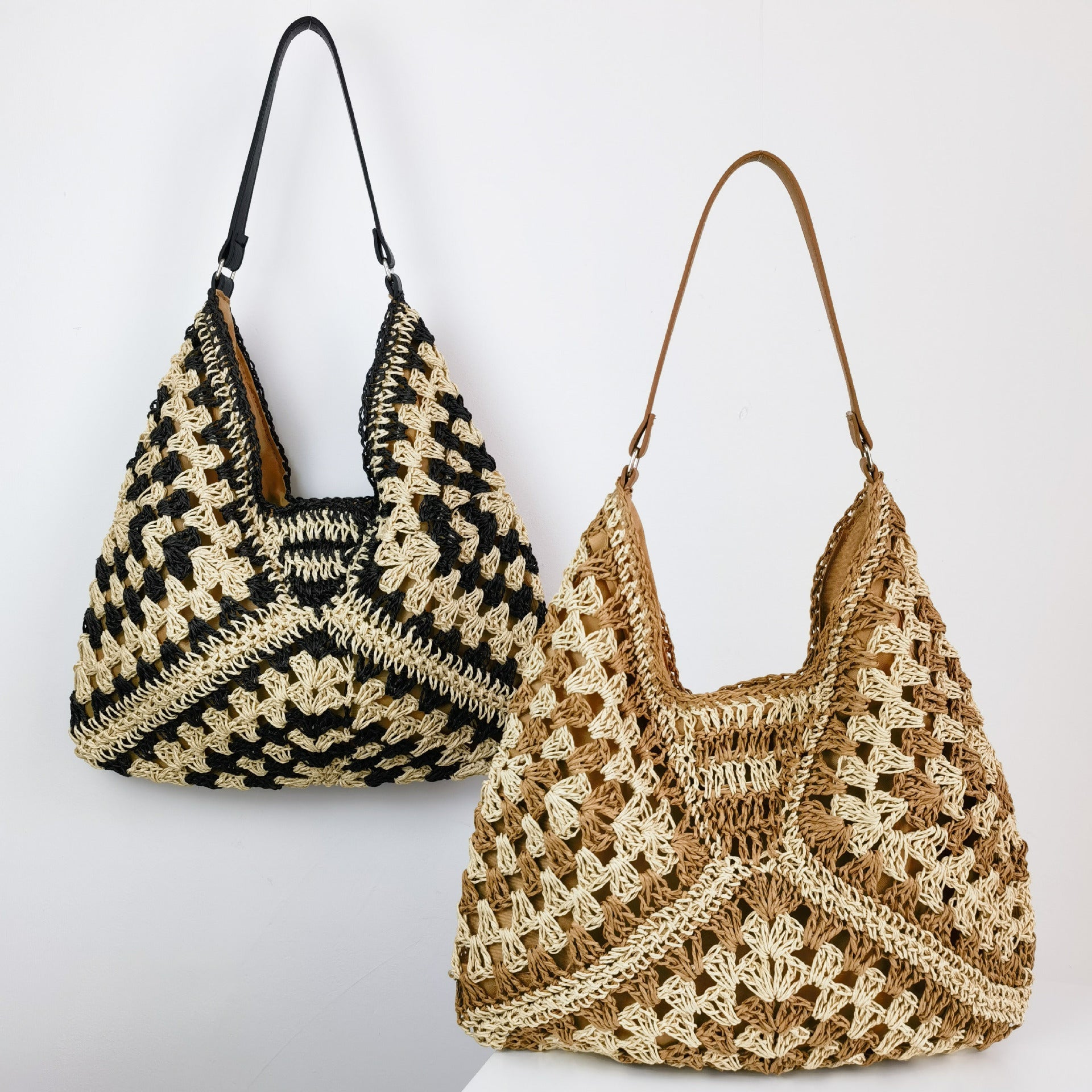 Sophia – Handmade Straw Woven Shoulder Bag with Contrast Colors