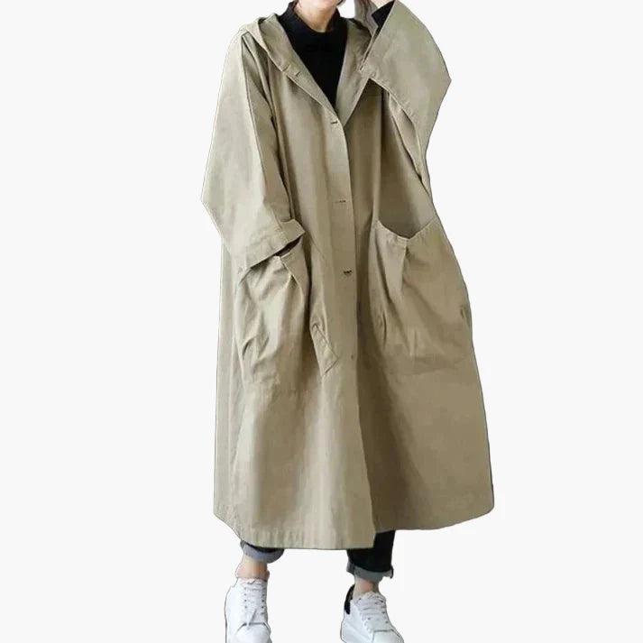 Women's Oversized Windproof Trench Coat with Hood and Large Pockets – Fashionable Long Jacket for Outdoor & Casual