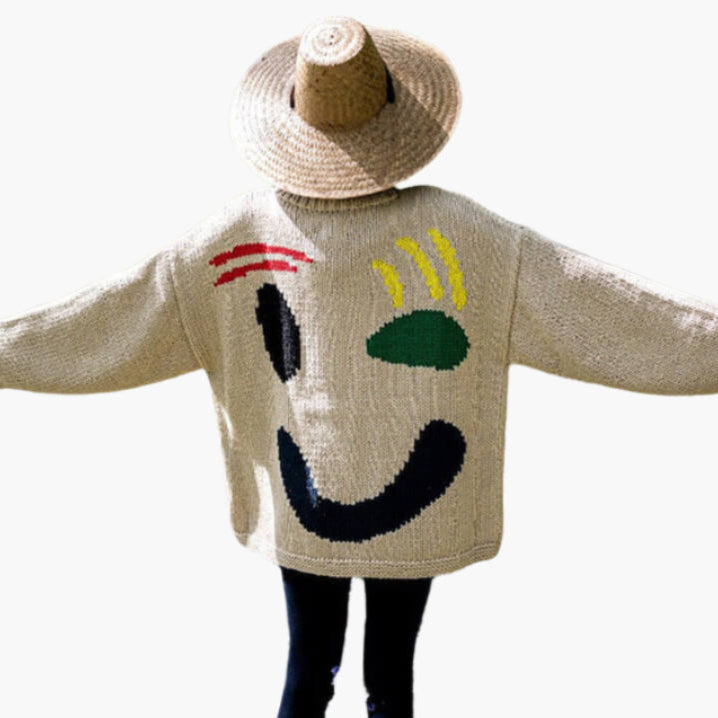 Women's Knitted Sweater with Abstract Smiley - Comfortable Casual Style for Sunday & Leisure Time