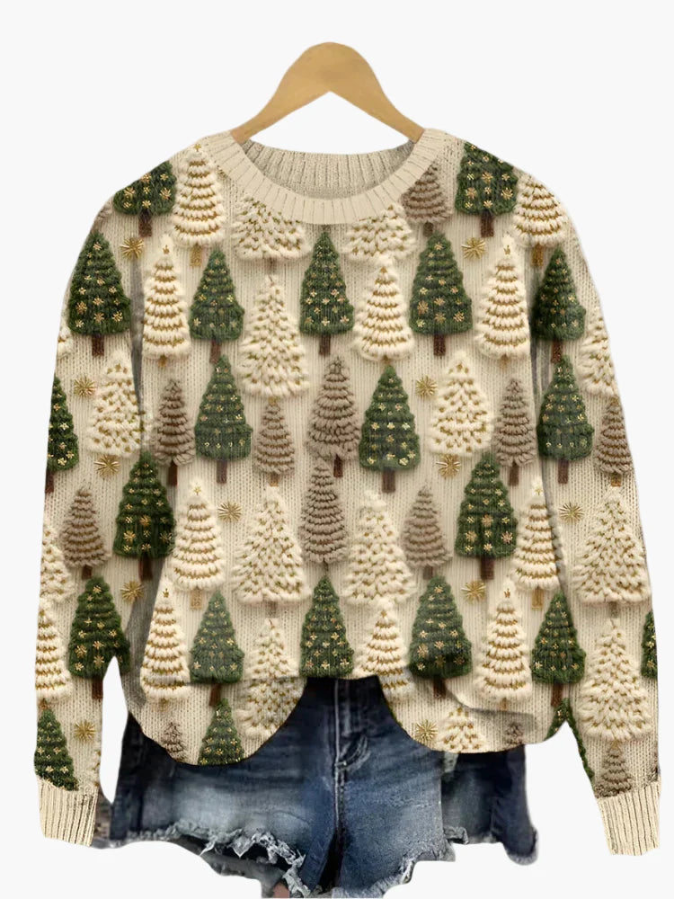 Ladies Knitted Christmas Sweater with 3D Christmas Tree Pattern – Warm & Cozy Holiday Sweater for the Festive Season