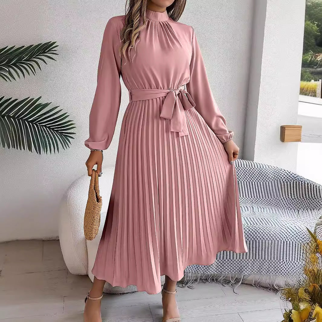 Women's Elegant Pleated Midi Dress with Bow Belt – Timeless Look for Work or Party