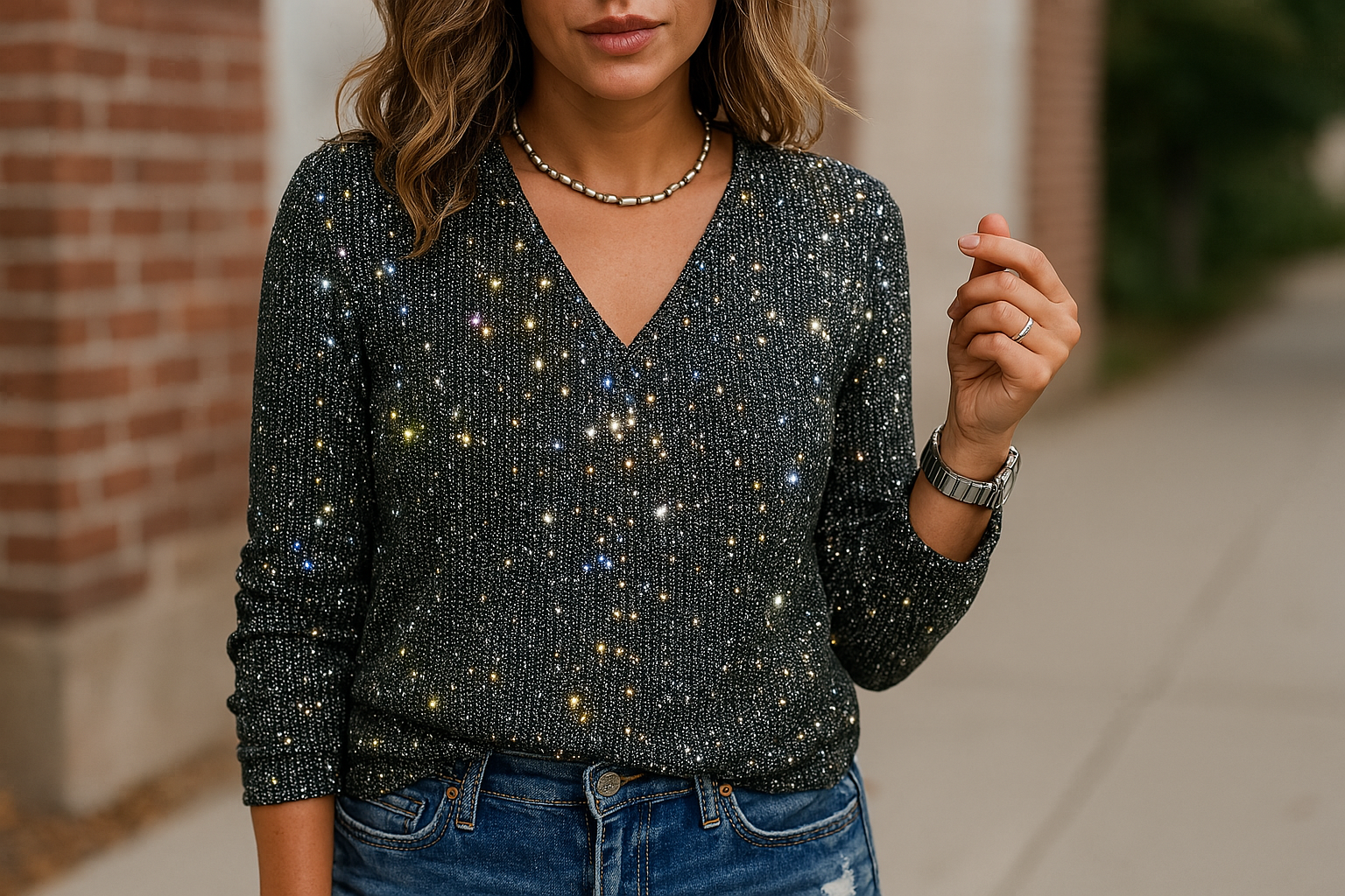 Caroline – Trendy Women's Glitter V-Neck Blouse with Long Sleeves for Spring and Summer