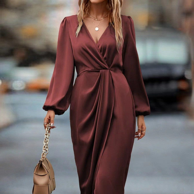 Women's Elegant Midi Dress with Wrap and Long Sleeves – Perfect for Evening and Business Use