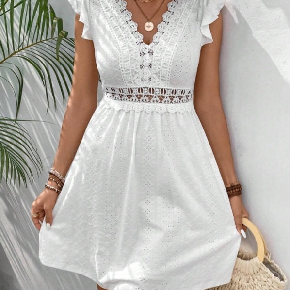 Elizabeth – Knitted Jacquard Dress with See-through Lace and Butterfly Sleeves