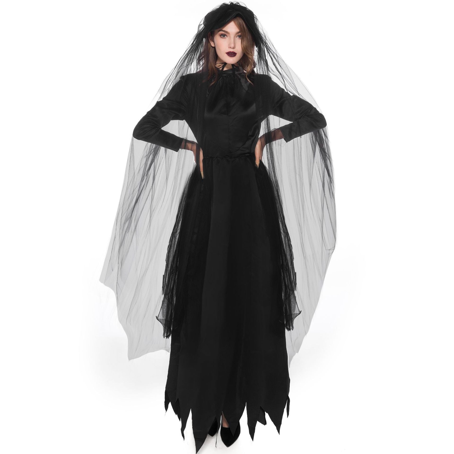 Ladies Halloween Widow Costume - Spooky Dress with Veil for Halloween Party & Cosplay