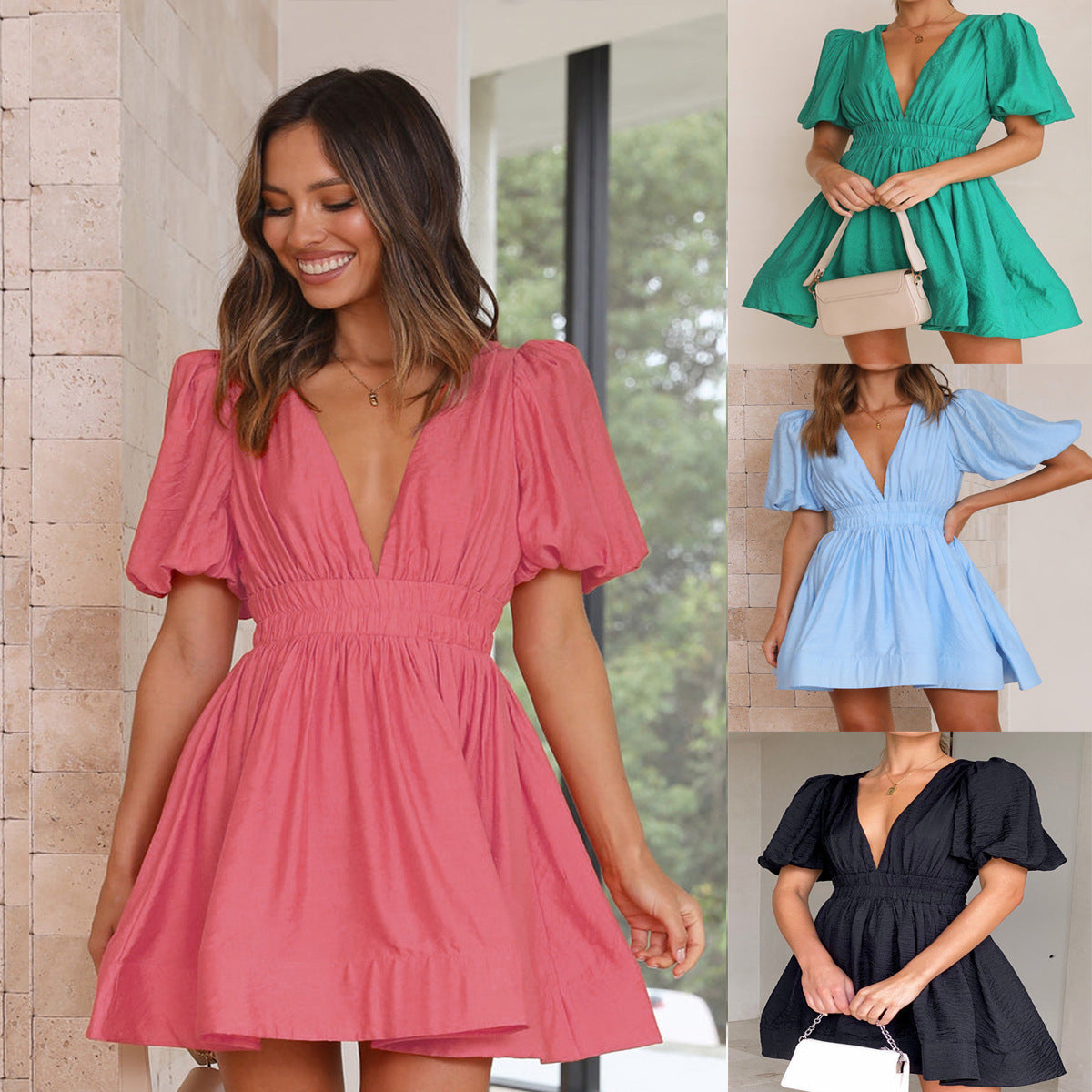 Women's summer dress – Short V-neck dress with waist accent and airy lantern sleeves