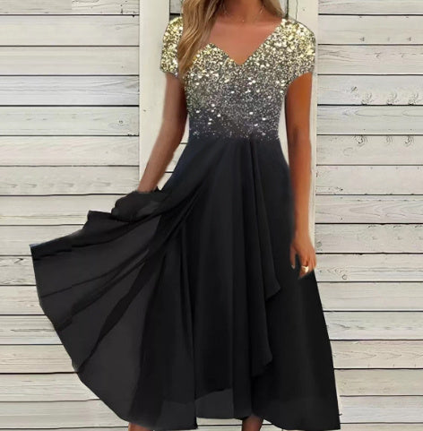 Ladies Elegant Evening Dress with Flower Detail and V-Neck